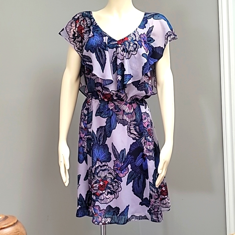 Maurices Lilac Floral Ruffle Dress with Navy and Pink Accents
